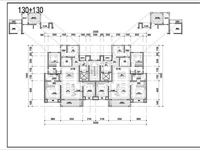现代住宅楼建筑 洋房T2户型 T2洋房住宅 130洋房户型 130洋房平面 施工图