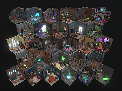 现代公寓 魔法房间 蜂巢室内房屋 复古摆件房子 复古客厅 卧室