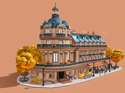 现代艺术风格建筑 奥斯曼立面 欧式街道 卡通建筑 别墅