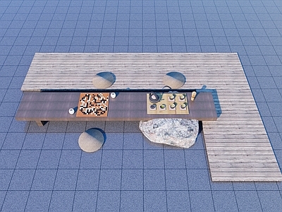 新中式庭院小品 围棋 围棋桌 木平台 庭院景观