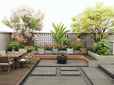 现代庭院 别墅庭院 月季花 花草 户外桌椅 景观树