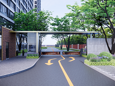 现代新中式入口大门 次入口 小区入口大门 车行入口 道闸