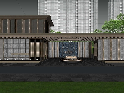现代小区建筑 社区大堂 住宅入口大门 现代轻奢示范区 叠水景观