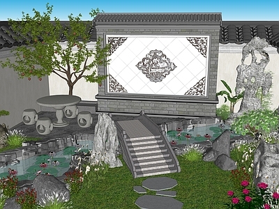 新中式别墅庭院 庭院
