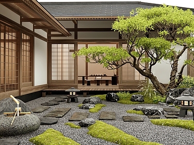 新中式庭院 汀步 水钵水景 松树 灌木植物 景观石