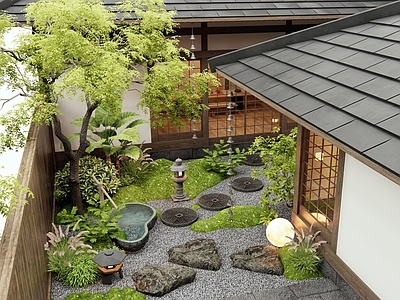 日式庭院 乡村民宿庭院 汀步 枯山水 水钵 景观树