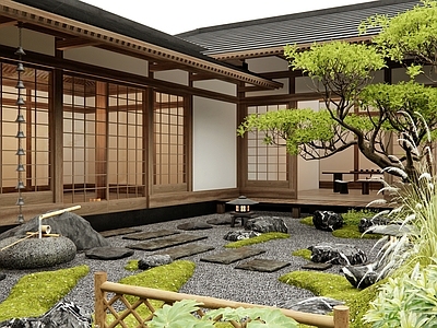 日式乡村庭院 民宿庭院景观 枯山水景观 石板汀步 水钵 植物组合