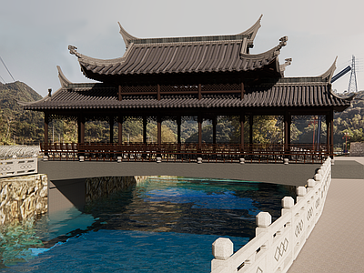 新中式中式古建筑 廊桥