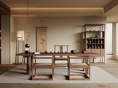 新中式茶室 新中式茶室 茶桌椅 茶台 茶具 博古架