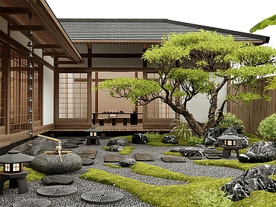 日式新中式乡村庭院 居家院子景观 汀步 枯山水 景观石头 植物景观