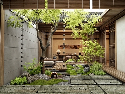 新中式日式庭院 中庭景观 天井庭院 老石板 苔藓微景观 茶桌椅