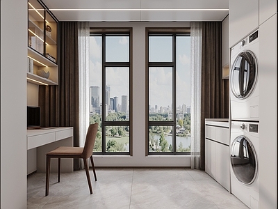 现代简约阳台 生活阳台 洗衣机柜 书桌椅 书柜