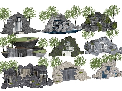 新中式中式假山 假山水景组合 假山流水叠水水景 庭院景观园林小品 石头组团堆景组团 中式瀑布跌水叠石