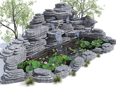 现代新中式水景 生态鱼池 荷花池 锦鲤池 假山叠水 跌水