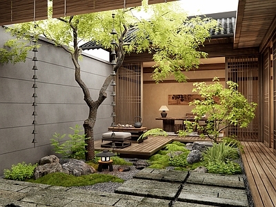 新中式庭院 中庭植物造景 天井庭院 茶室 茶桌椅 老石板