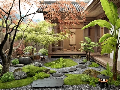 新中式禅意庭院 汀步 羽毛枫 枯山水庭院景观 水钵 苔藓