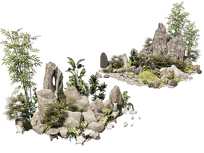 现代新中式石头 新中式庭院石头 庭院石头造景小品 石头岩石 石块碎石岩石 迎客松绿植造景