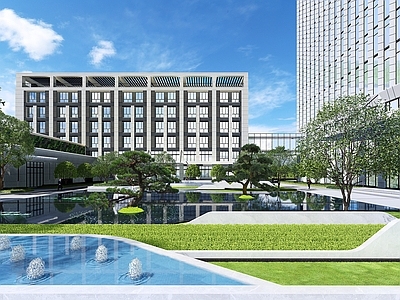 现代办公景观 办公楼前水景设计 不含建筑
