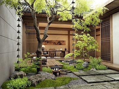 日式禅意庭院 景观树 杂木庭院 苔藓 老石板 雨链