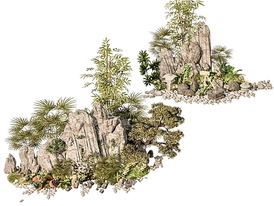 现代新中式假山 新中式庭院石头 庭院石头造景小品 石头岩石 石块碎石岩石 迎客松绿植造景