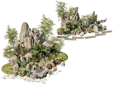 现代新中式假山 新中式庭院石头 庭院石头造景小品 石头岩石 石块碎石岩石 迎客松绿植造景
