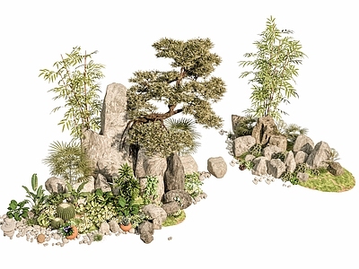 现代新中式假山 新中式庭院石头 庭院石头造景小品 石头岩石 石块碎石岩石 迎客松绿植造景