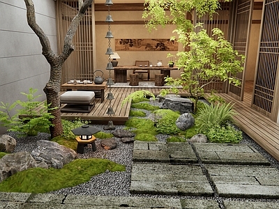 新中式庭院小品 老石板 户外茶桌椅 景观石头 苔藓 中庭天井庭院景观