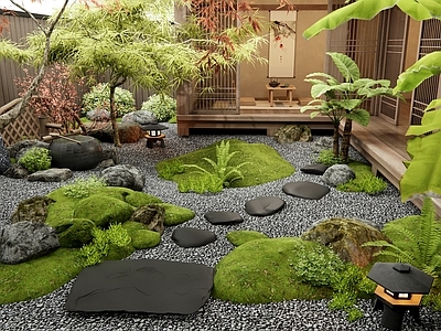 新中式禅意庭院小品 枯山水庭院 汀步 苔藓 枫树 水钵