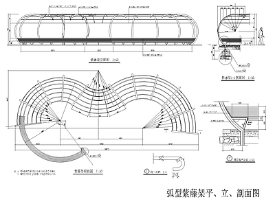 现代廊架 异形廊架 弧形廊架 文化长廊 施工图