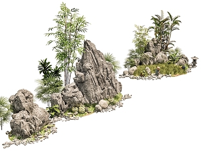 现代新中式假山 新中式庭院石头 庭院石头造景小品 石头岩石 石块碎石岩石 迎客松绿植造景