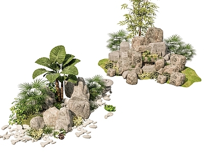 现代新中式石头 新中式庭院石头 庭院石头造景小品 石头岩石 石块碎石岩石 迎客松绿植造景
