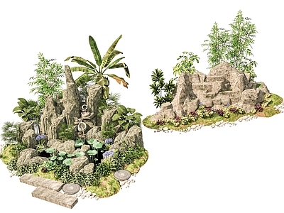 现代新中式假山 新中式庭院石头 庭院石头造景小品 石头岩石 石块碎石岩石 迎客松绿植造景