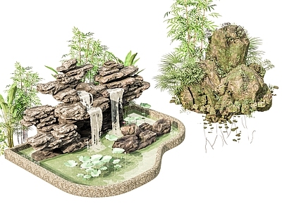 现代新中式假山 新中式庭院石头 庭院石头造景小品 石头岩石 石块碎石岩石 迎客松绿植造景