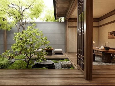 新中式庭院 中庭庭院景观 天井庭院 茶室 茶桌椅 植物造景