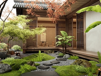 日式庭院 枯山水庭院 汀步 羽毛枫 水钵水景 植物造景