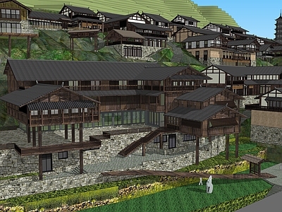 新中式简约古建筑 民宿建筑 山地民宿 乡村特色民宿 坡屋顶 新中式民宿
