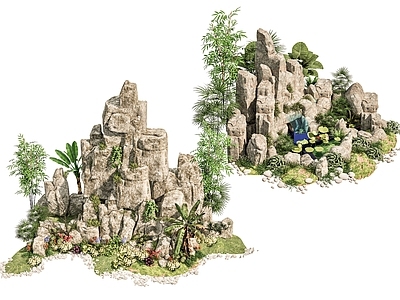 现代假山 新中式庭院石头 庭院石头造景小品 石头岩石 石块碎石岩石 迎客松绿植造景