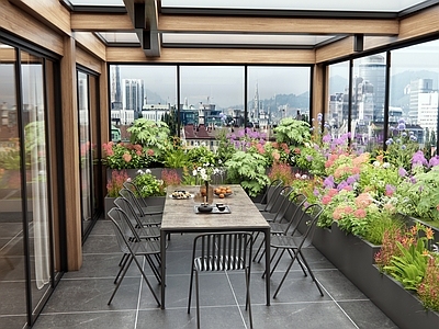 现代屋顶花园 阳光房 别墅阳台 花箱植物 花草 户外桌椅