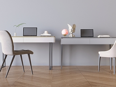 现代办公桌椅 桌椅组合 办公桌椅 电脑 台灯 摆件