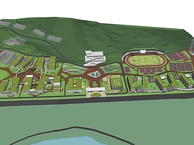 现代学校建筑 教学楼学校 学校湖景 学校操场