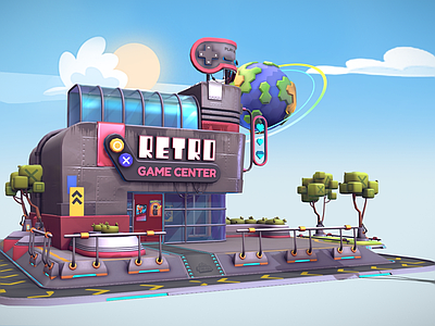 现代艺术风格建筑 卡通城市 复古街道 风格化建筑场景 卡通行星 风格树木