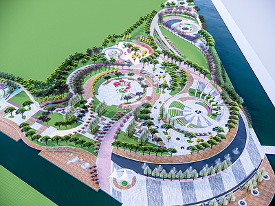 现代滨水景观 滨水公园 城市公园 公园广场 圆形广场公园 曲线公园