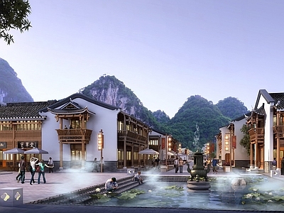 新中式中式街道外景 商业街外景 中式商业街 景区商业街 商业街广场