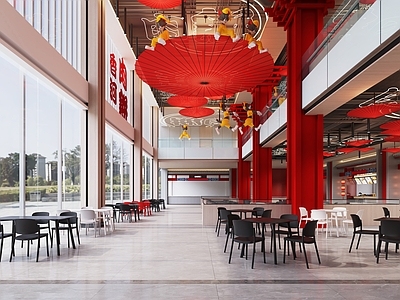 新中式其他公共空间 新中式服务区 餐桌椅组合 油纸伞 灯笼 明档