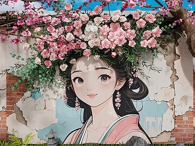 新中式现代公园 现代墙体 网红打卡墙面 彩绘墙面 古代人物彩绘 植物