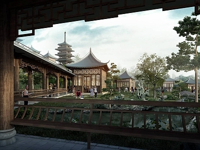 中式古建 中式连廊 庭院建筑 佛塔宝塔 中式园林景观