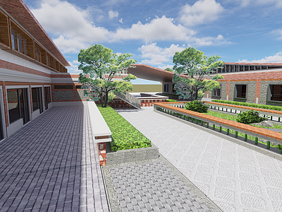 中式中古乡村庭院 庭院 闽南建筑风格 红砖黛瓦