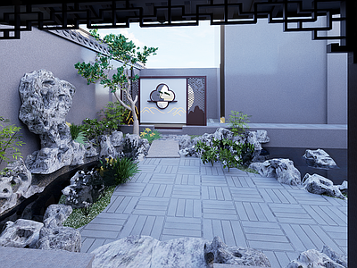 新中式别墅庭院 庭院屏风 别墅屏风 流水屏风