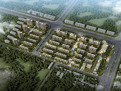 简欧风格多层住宅鸟瞰图