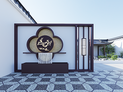 新中式别墅庭院 下沉庭院 别墅屏风